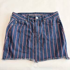 American Eagle Denim Skirt Women's 8 Mini Blue Red Striped Pocket Frayed (A0133)